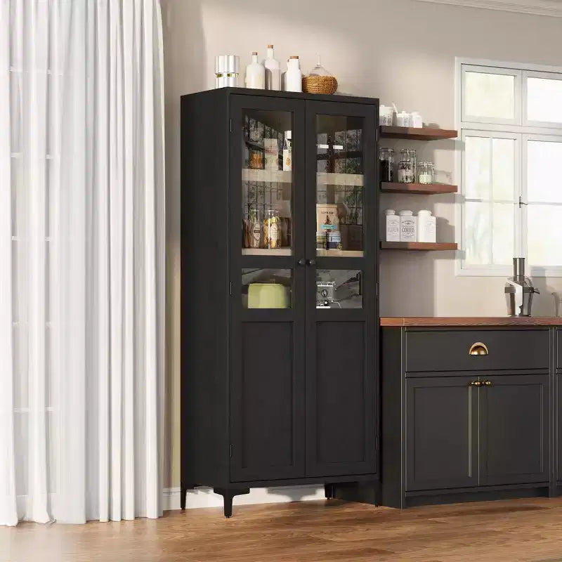 Credenza alta con ante in vetro, armadio dispensa a 5 ripiani con ripiani regolabili per cucina e bagno