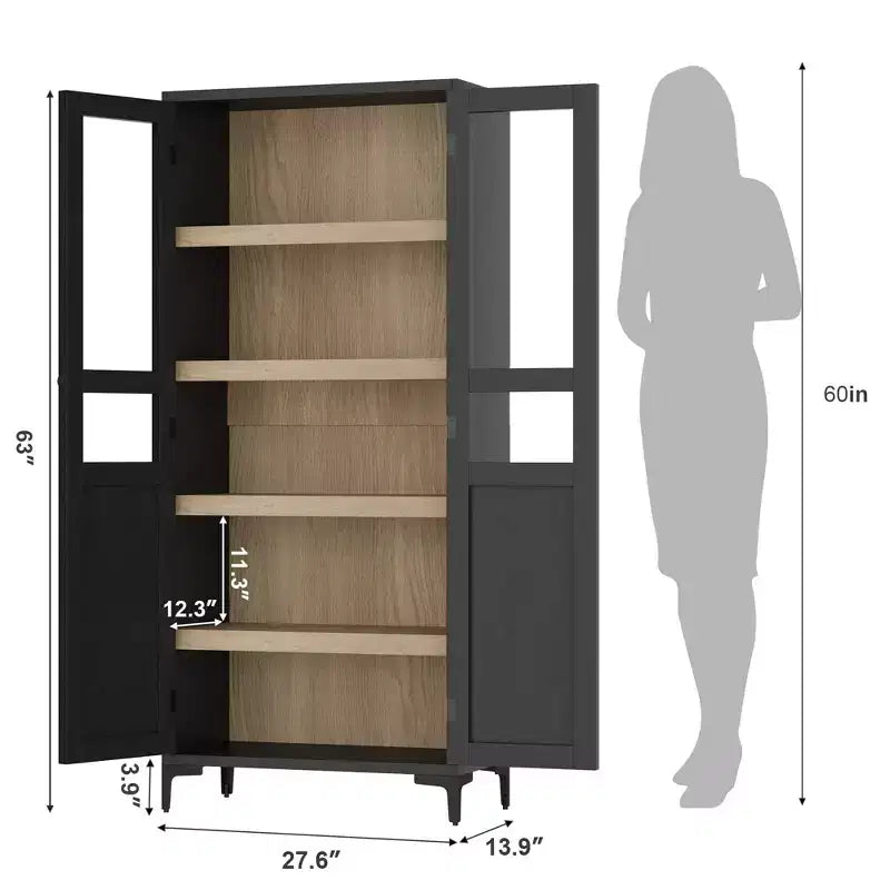 Credenza alta con ante in vetro, armadio dispensa a 5 ripiani con ripiani regolabili per cucina e bagno