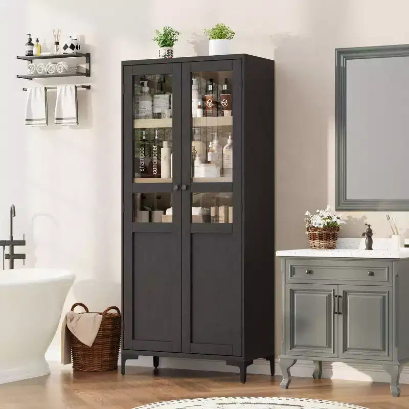 Credenza alta con ante in vetro, armadio dispensa a 5 ripiani con ripiani regolabili per cucina e bagno