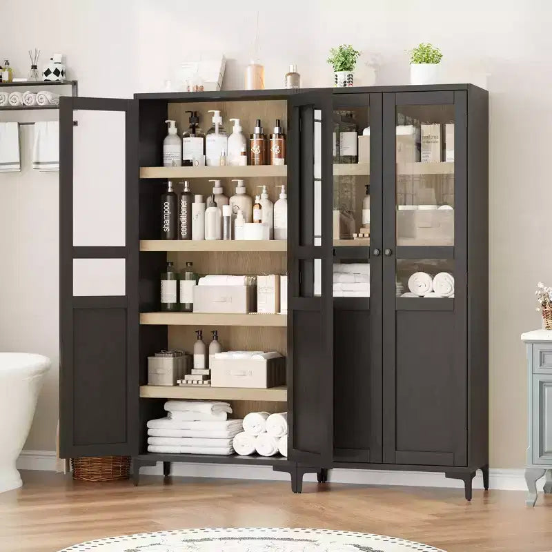 Credenza alta con ante in vetro, armadio dispensa a 5 ripiani con ripiani regolabili per cucina e bagno