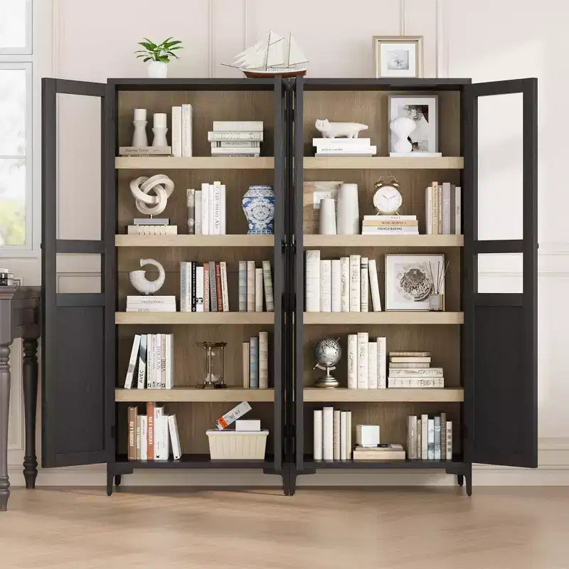Credenza alta con ante in vetro, armadio dispensa a 5 ripiani con ripiani regolabili per cucina e bagno