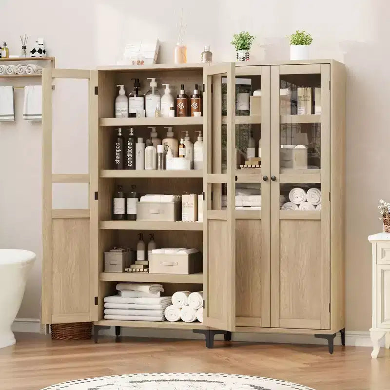 Credenza alta con ante in vetro, armadio dispensa a 5 ripiani con ripiani regolabili per cucina e bagno