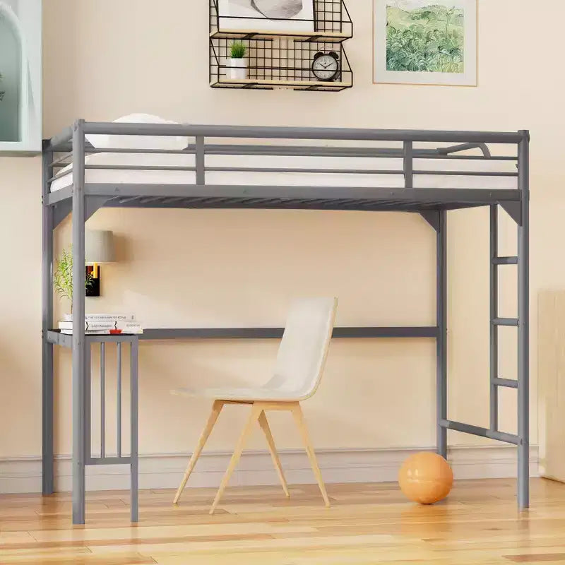 Letto a soppalco Okak Minimalism con scrivania integrata, letto a soppalco singolo con scaletta e sponde di protezione, telaio letto per bambini e ragazzi