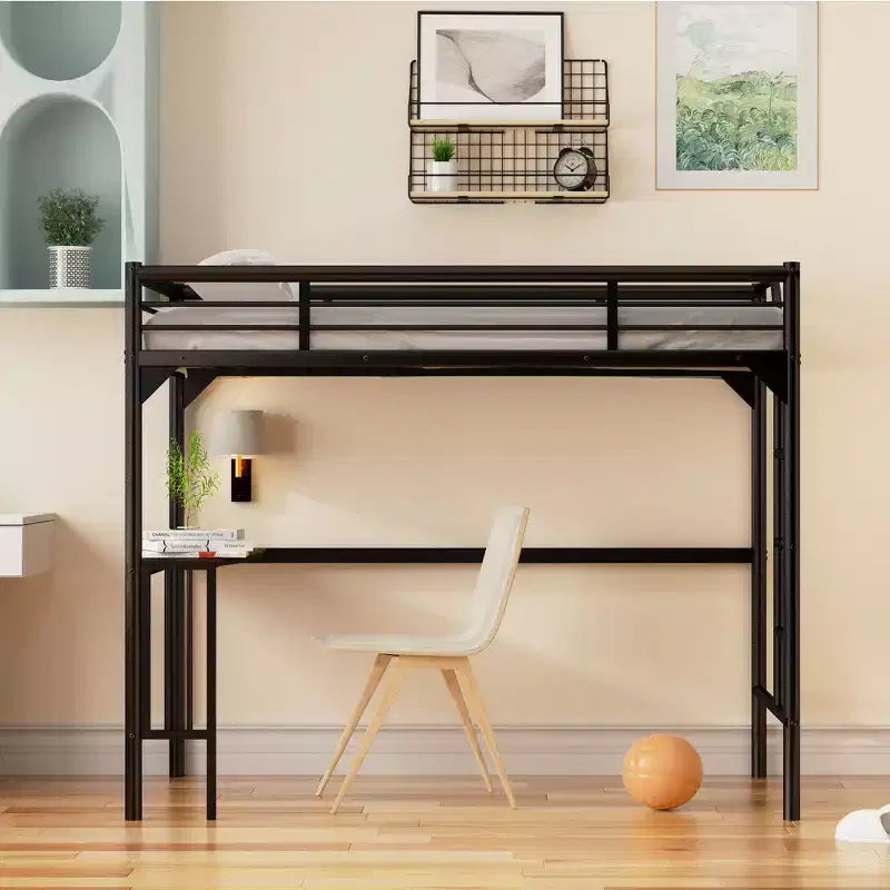 Letto a soppalco Okak Minimalism con scrivania integrata, letto a soppalco singolo con scaletta e sponde di protezione, telaio letto per bambini e ragazzi