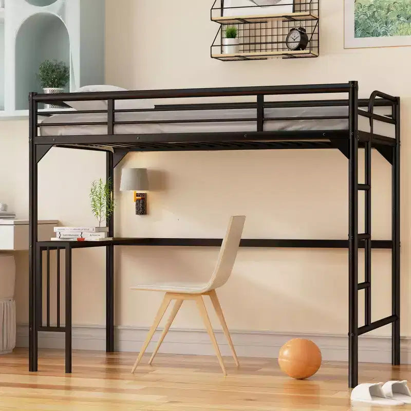 Letto a soppalco Okak Minimalism con scrivania integrata, letto a soppalco singolo con scaletta e sponde di protezione, telaio letto per bambini e ragazzi