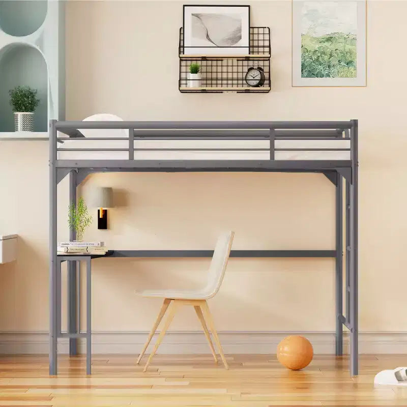 Letto a soppalco Okak Minimalism con scrivania integrata, letto a soppalco singolo con scaletta e sponde di protezione, telaio letto per bambini e ragazzi