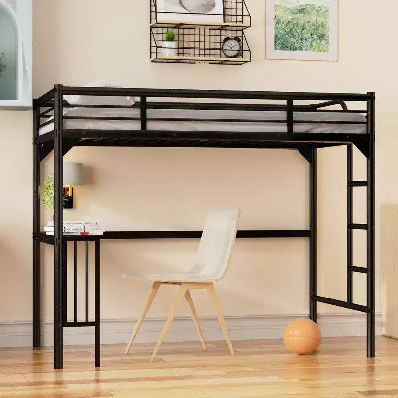 Letto a soppalco Okak Minimalism con scrivania integrata, letto a soppalco singolo con scaletta e sponde di protezione, telaio letto per bambini e ragazzi