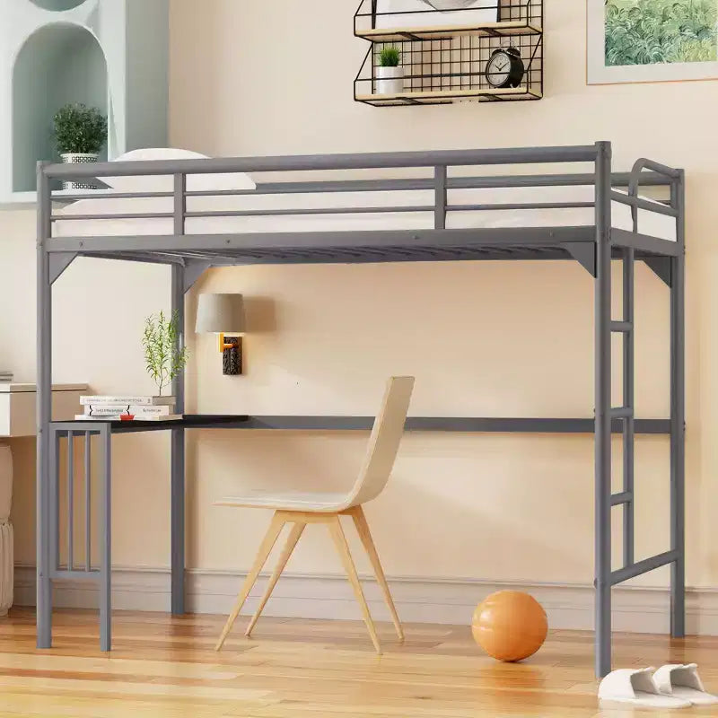 Okak Minimalism Loft Bed with Build-In Desk, Twin Loft Bed with Ladder and Guardrails, Bed Frames for Kids and Teenagers