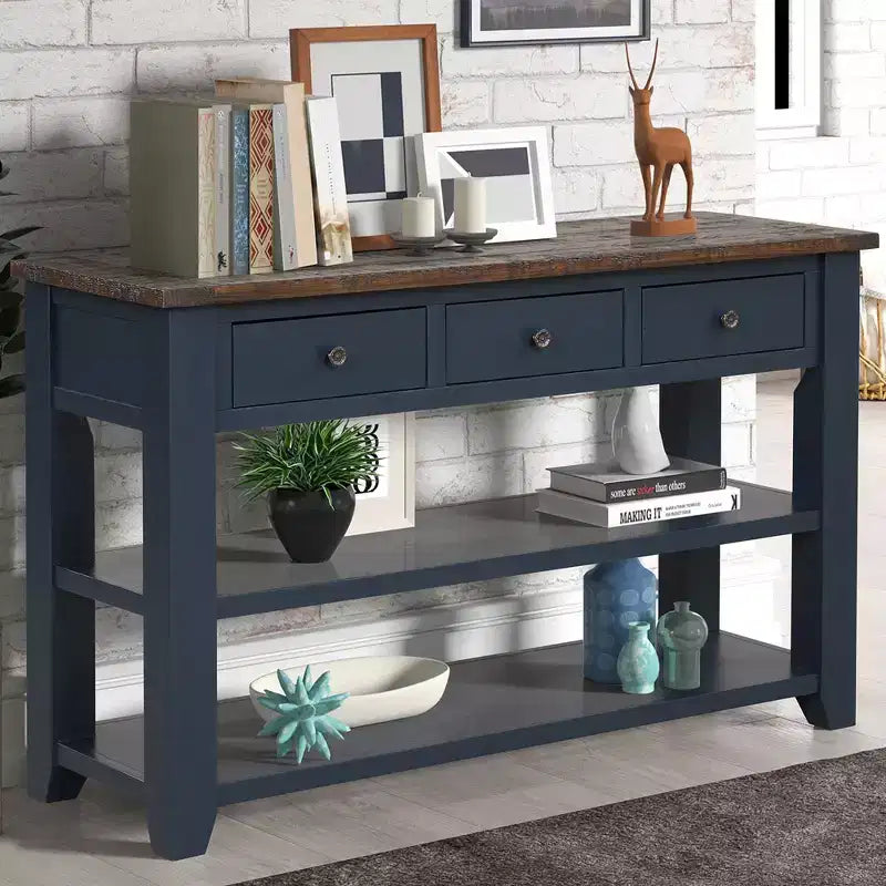 Console da tavolo retrò Okak 48IN con ripiano in legno, tavolo d'ingresso con 3 cassetti e 2 ampi ripiani, tavolo d'accento per soggiorno, corridoio