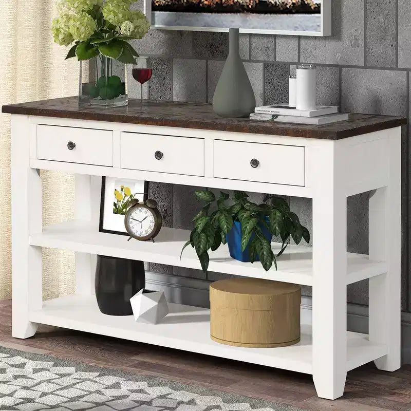 Console da tavolo retrò Okak 48IN con ripiano in legno, tavolo d'ingresso con 3 cassetti e 2 ampi ripiani, tavolo d'accento per soggiorno, corridoio