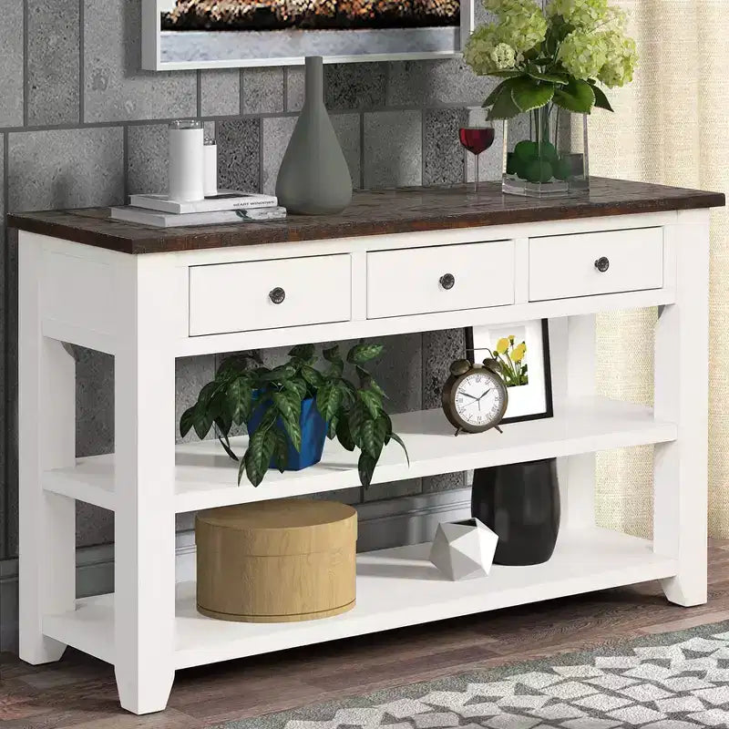 Console da tavolo retrò Okak 48IN con ripiano in legno, tavolo d'ingresso con 3 cassetti e 2 ampi ripiani, tavolo d'accento per soggiorno, corridoio