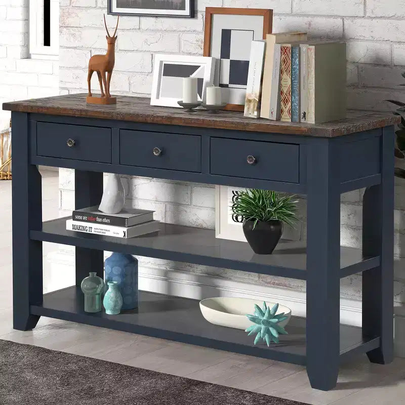 Console da tavolo retrò Okak 48IN con ripiano in legno, tavolo d'ingresso con 3 cassetti e 2 ampi ripiani, tavolo d'accento per soggiorno, corridoio