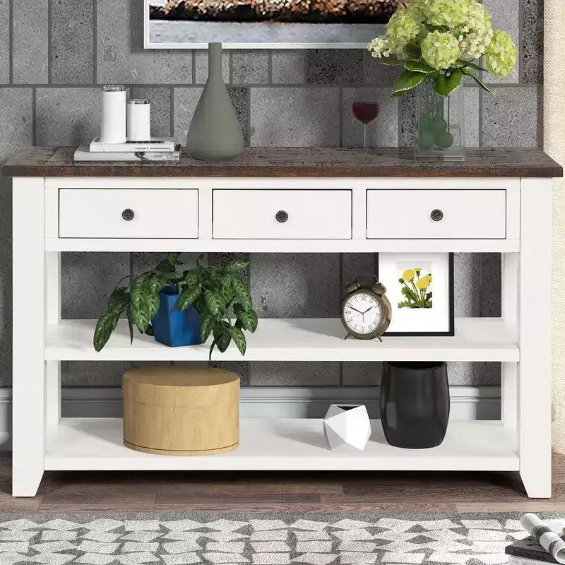 Console da tavolo retrò Okak 48IN con ripiano in legno, tavolo d'ingresso con 3 cassetti e 2 ampi ripiani, tavolo d'accento per soggiorno, corridoio