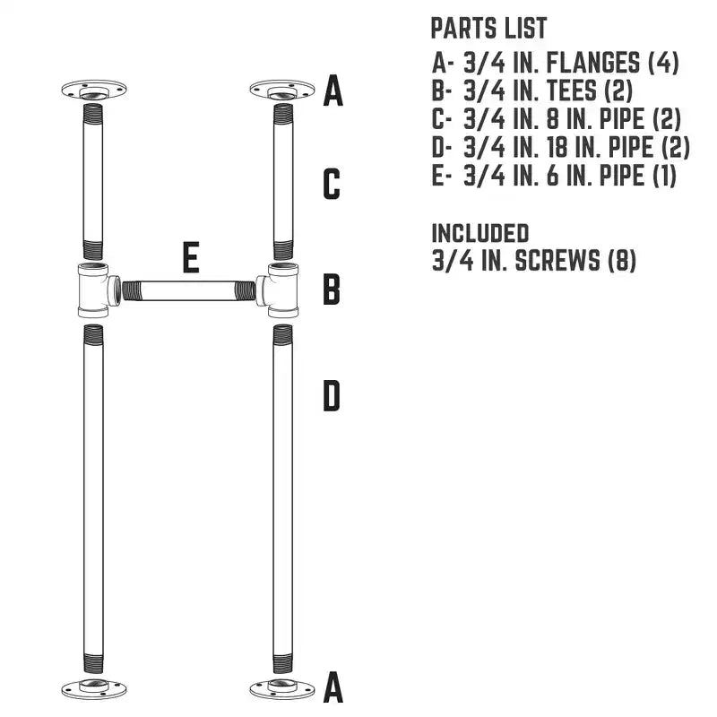 Pipe Decor, gamba di supporto per scrivania con tubo a H da 3/4", 1 gamba
