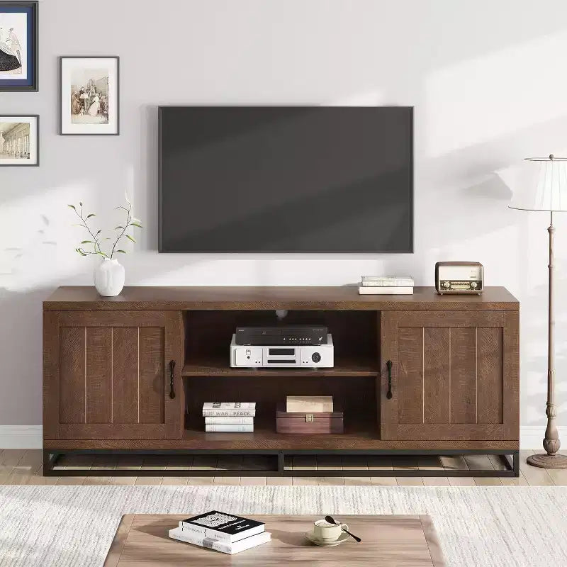 Farmhouse TV Stand for 75 TVs - Sturdy Metal Legs & 2 Open Shelves, Wood Media Console for Living Room