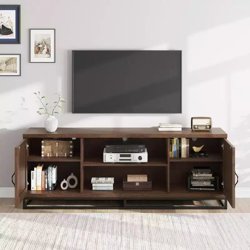 Mobile TV da Fattoria per TV da 75 pollici - Gambe Robuste in Metallo e 2 Ripiani Aperti, Console Multimediale in Legno per Soggiorno
