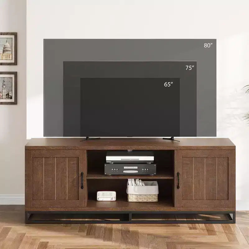 Mobile TV da Fattoria per TV da 75 pollici - Gambe Robuste in Metallo e 2 Ripiani Aperti, Console Multimediale in Legno per Soggiorno