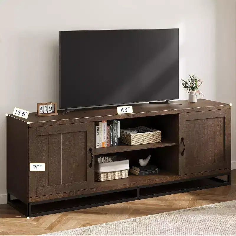 Mobile TV da Fattoria per TV da 75 pollici - Gambe Robuste in Metallo e 2 Ripiani Aperti, Console Multimediale in Legno per Soggiorno