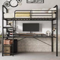 Acekool Twin Loft Bed with L-Shaped Desk, 2 Open Shelves, Mesh Panel, Guardrail, Ladder