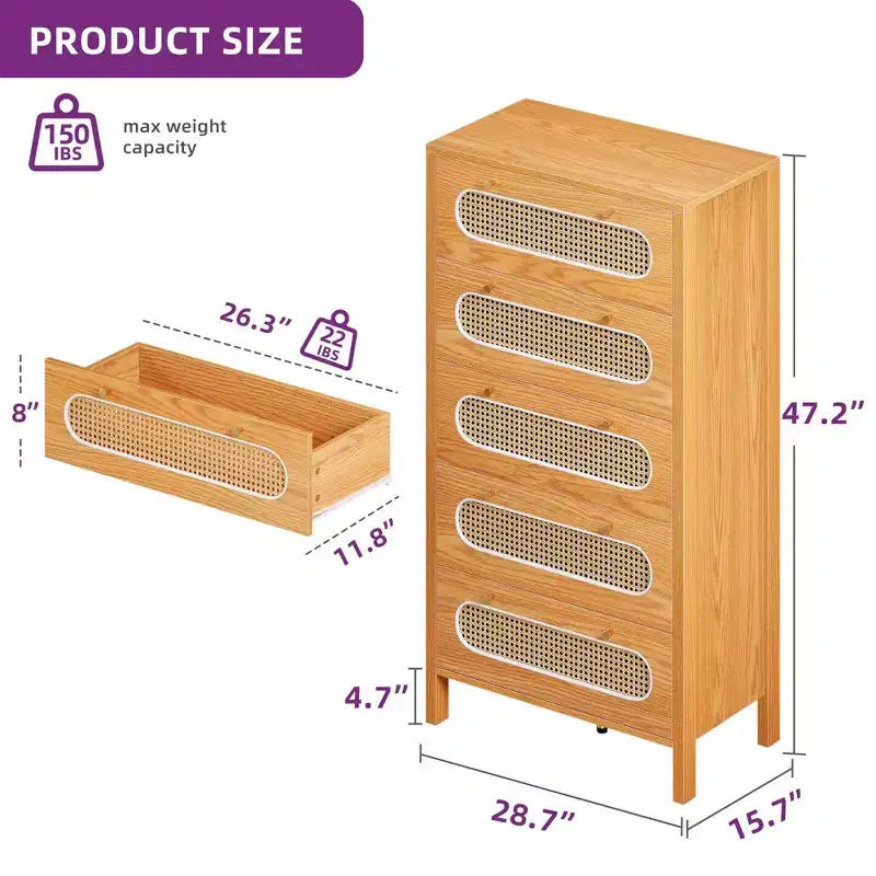 Cassettiera Boho da 47 pollici con maniglie dorate e piedini regolabili, cassettiera in rattan a 5 cassetti, mobile contenitore in legno