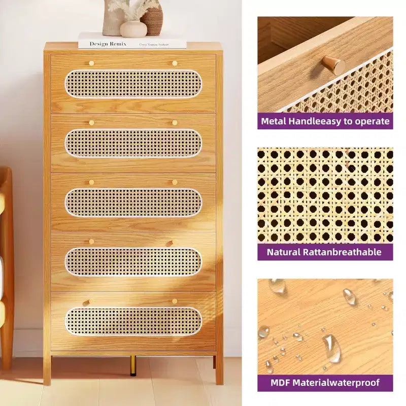 Cassettiera Boho da 47 pollici con maniglie dorate e piedini regolabili, cassettiera in rattan a 5 cassetti, mobile contenitore in legno