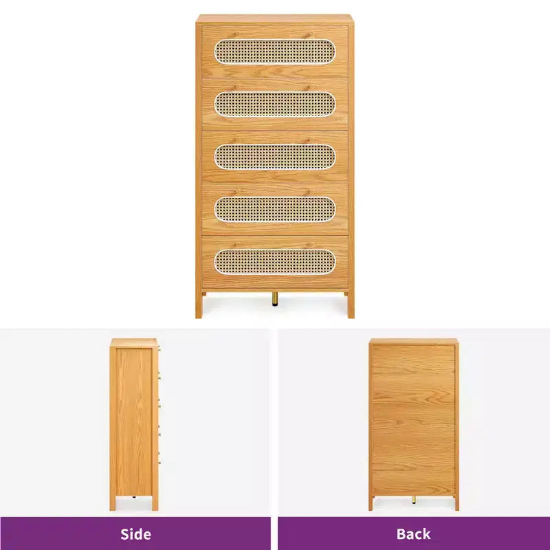 Cassettiera Boho da 47 pollici con maniglie dorate e piedini regolabili, cassettiera in rattan a 5 cassetti, mobile contenitore in legno