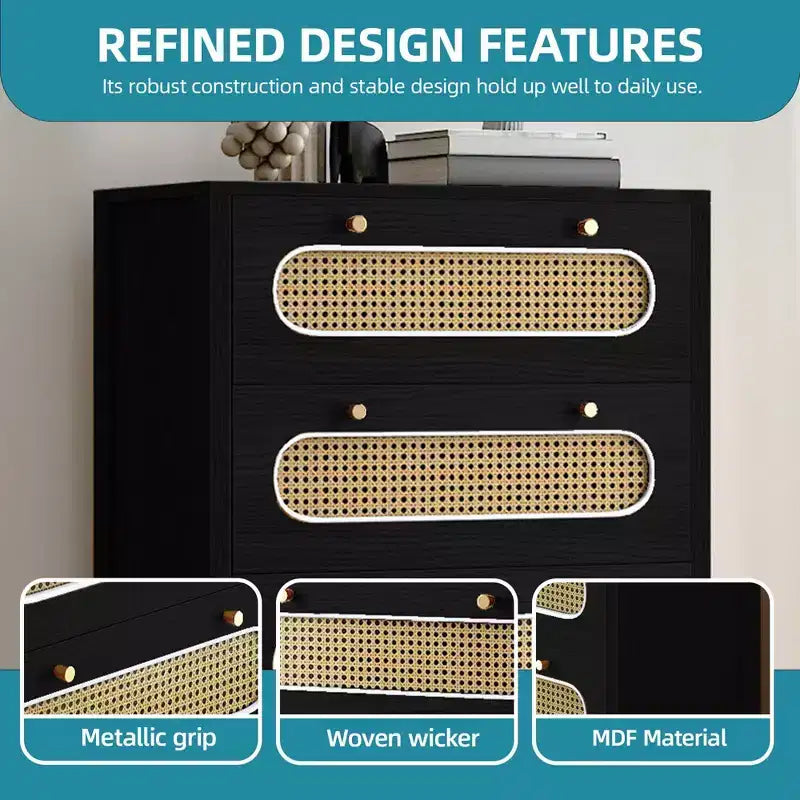 Cassettiera Boho da 47 pollici con maniglie dorate e piedini regolabili, cassettiera in rattan a 5 cassetti, mobile contenitore in legno