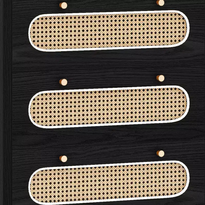 Cassettiera Boho da 47 pollici con maniglie dorate e piedini regolabili, cassettiera in rattan a 5 cassetti, mobile contenitore in legno
