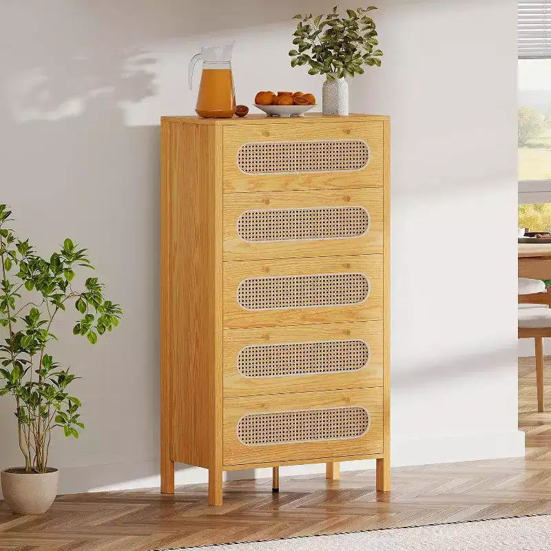 47 Inch Tall Boho Chest of Drawers with Golden Handles And Ajustable Feet Rattan 5 Drawer Dresser Wood Storage