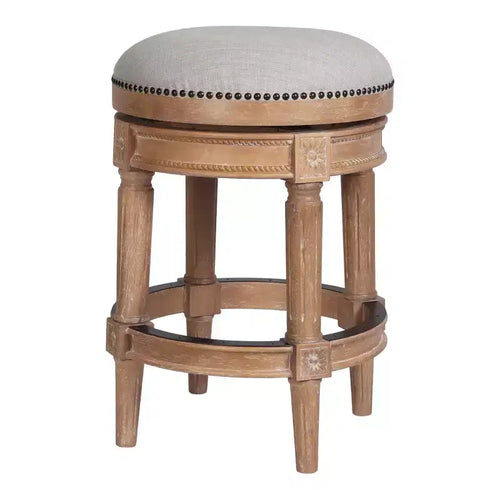HomeRoots 26 Beige And Natural Solid Wood Swivel Backless Counter Height Bar Chair