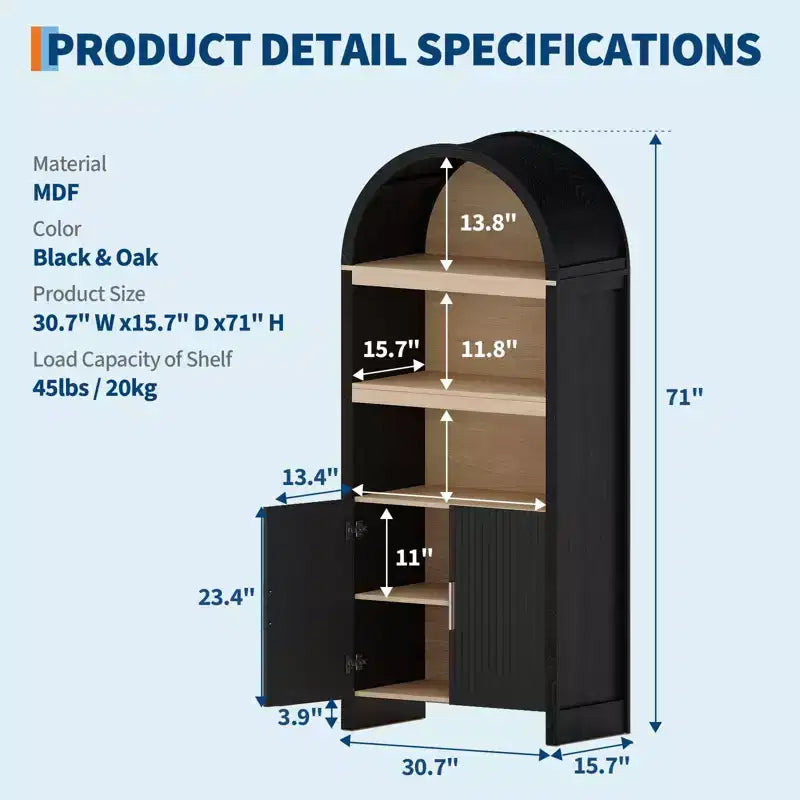 Dispensa da esposizione in legno a 5 ripiani e ad arco, stile rustico, 71", nera