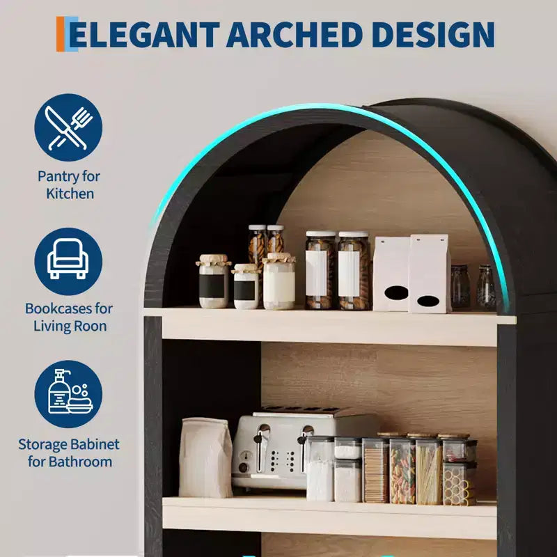 Dispensa da esposizione in legno a 5 ripiani e ad arco, stile rustico, 71", nera