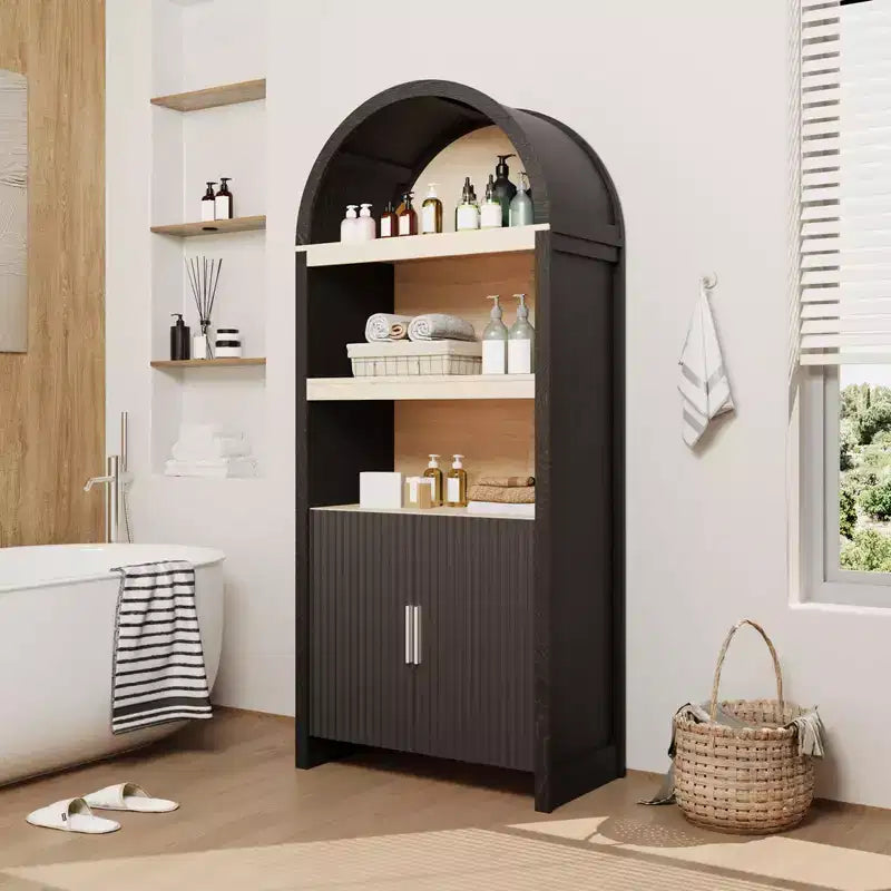 Dispensa da esposizione in legno a 5 ripiani e ad arco, stile rustico, 71", nera