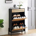 Freestanding wooden shoe cabinet with linen front, 2 flip-top drawers and closed shoe rack for a hallway, hallway or small apartment