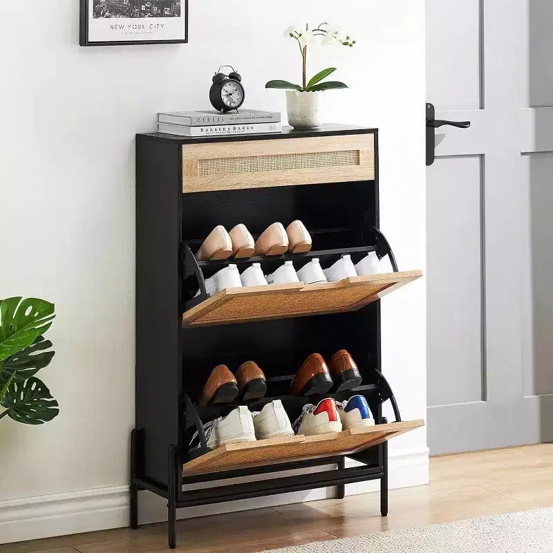 Freestanding wooden shoe cabinet with linen front, 2 flip-top drawers and closed shoe rack for a hallway, hallway or small apartment