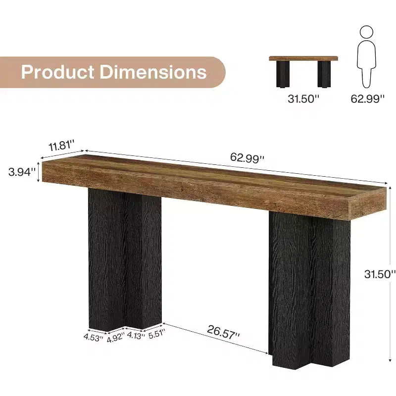 Lantine 63 Tavolo Console da Fattoria con Gambe Robuste, Consolle Lunga e Stretta per Divano Dietro al Divano per Soggiorno, Corridoio, Marrone Rustico e Nero