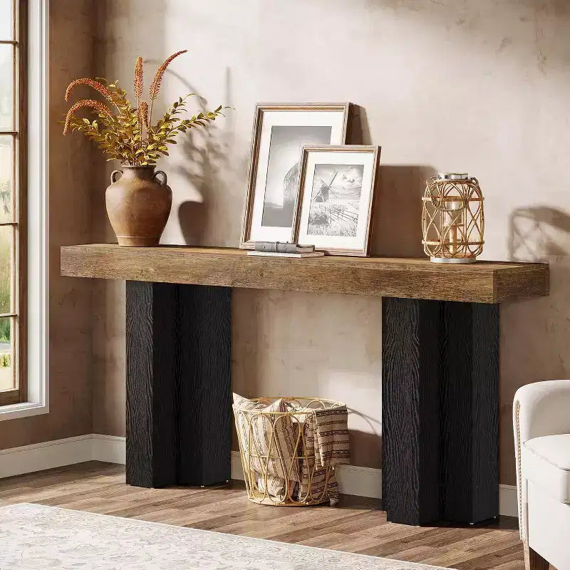 Lantine 63 Tavolo Console da Fattoria con Gambe Robuste, Consolle Lunga e Stretta per Divano Dietro al Divano per Soggiorno, Corridoio, Marrone Rustico e Nero