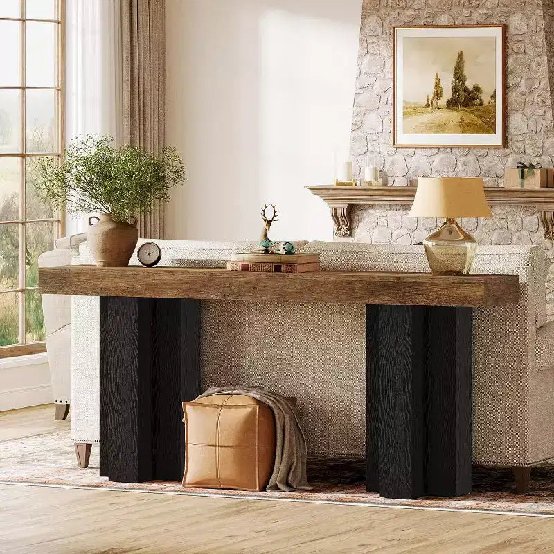 Lantine 63 Tavolo Console da Fattoria con Gambe Robuste, Consolle Lunga e Stretta per Divano Dietro al Divano per Soggiorno, Corridoio, Marrone Rustico e Nero