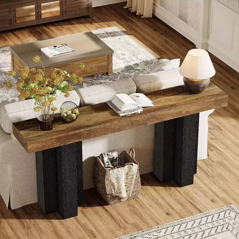 Lantine 63 Tavolo Console da Fattoria con Gambe Robuste, Consolle Lunga e Stretta per Divano Dietro al Divano per Soggiorno, Corridoio, Marrone Rustico e Nero
