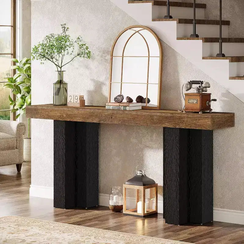 Lantine 63 Tavolo Console da Fattoria con Gambe Robuste, Consolle Lunga e Stretta per Divano Dietro al Divano per Soggiorno, Corridoio, Marrone Rustico e Nero