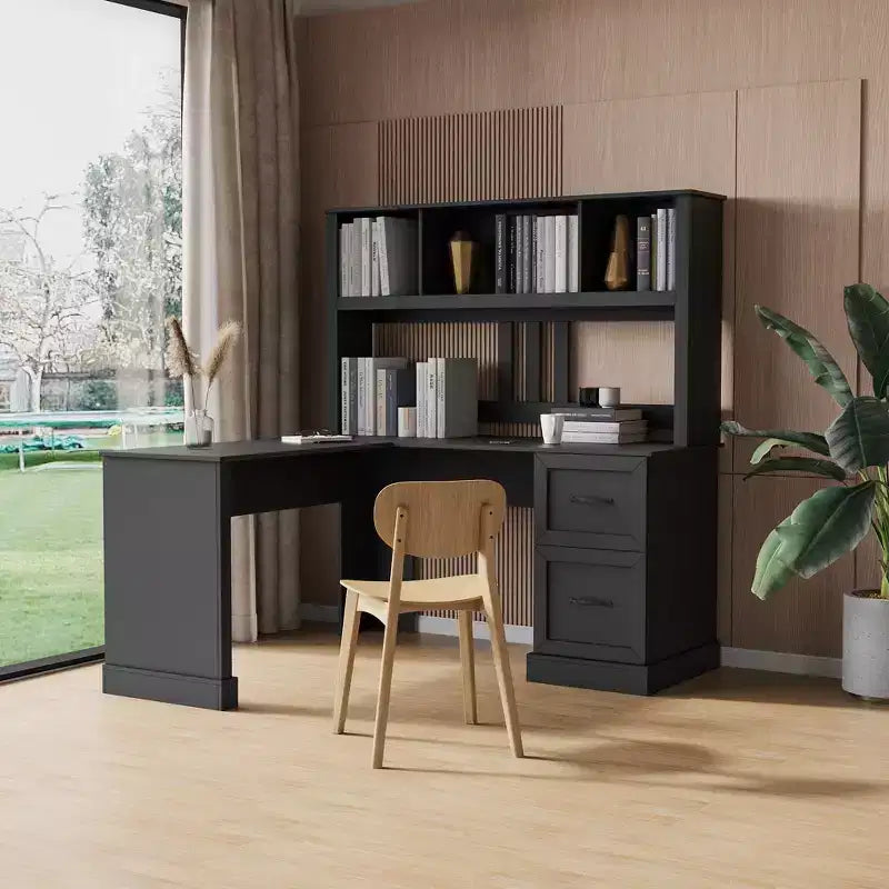Okak 59.84IN Scrivania a L Minimalista con Libreria, Scrivania Regolabile in Altezza con 2 Cassetti, Scrivania da Gaming per Studio, Sala Lettura, Ufficio