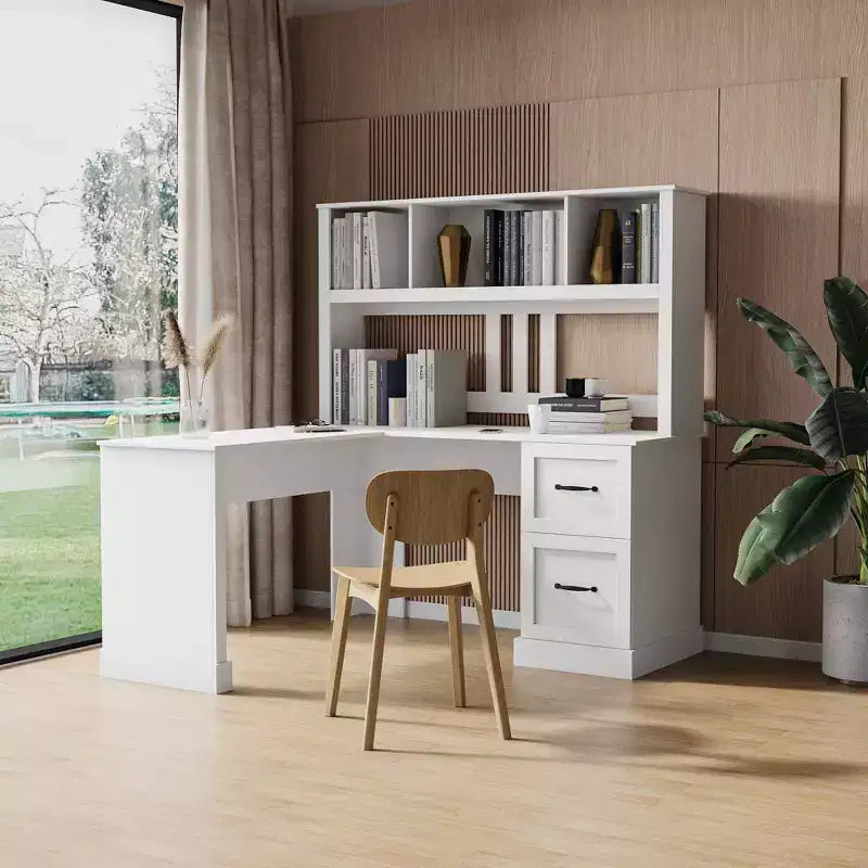 Okak 59.84IN Scrivania a L Minimalista con Libreria, Scrivania Regolabile in Altezza con 2 Cassetti, Scrivania da Gaming per Studio, Sala Lettura, Ufficio