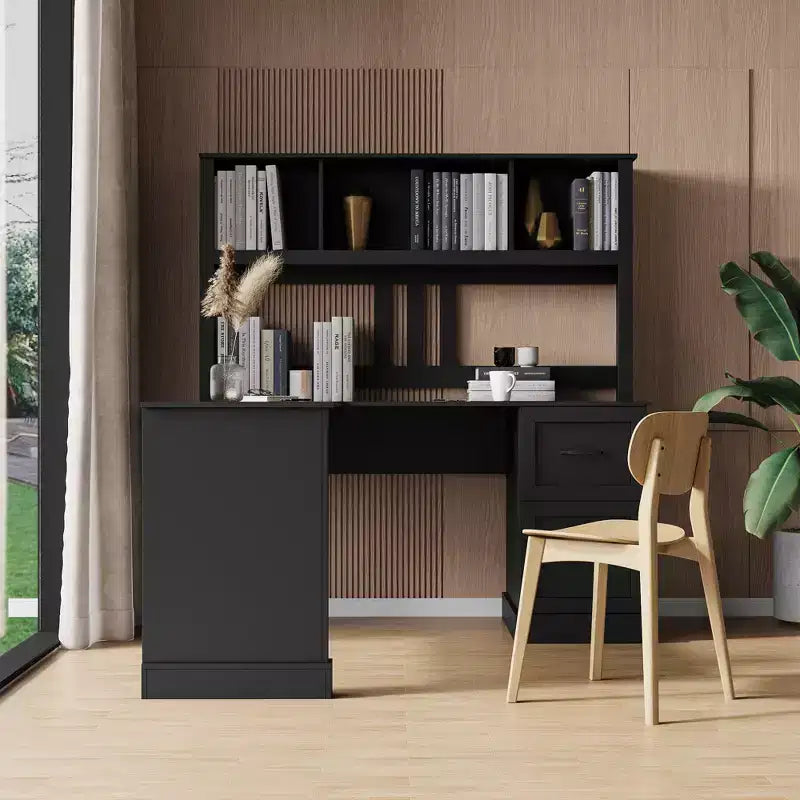 Okak 59.84IN Scrivania a L Minimalista con Libreria, Scrivania Regolabile in Altezza con 2 Cassetti, Scrivania da Gaming per Studio, Sala Lettura, Ufficio