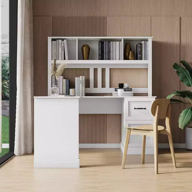 Okak 59.84IN Minimalism L Shaped Desk with Bookshelf, Standing Desk with 2 Drawers, Gaming Desk for Study, Reading Room, Office