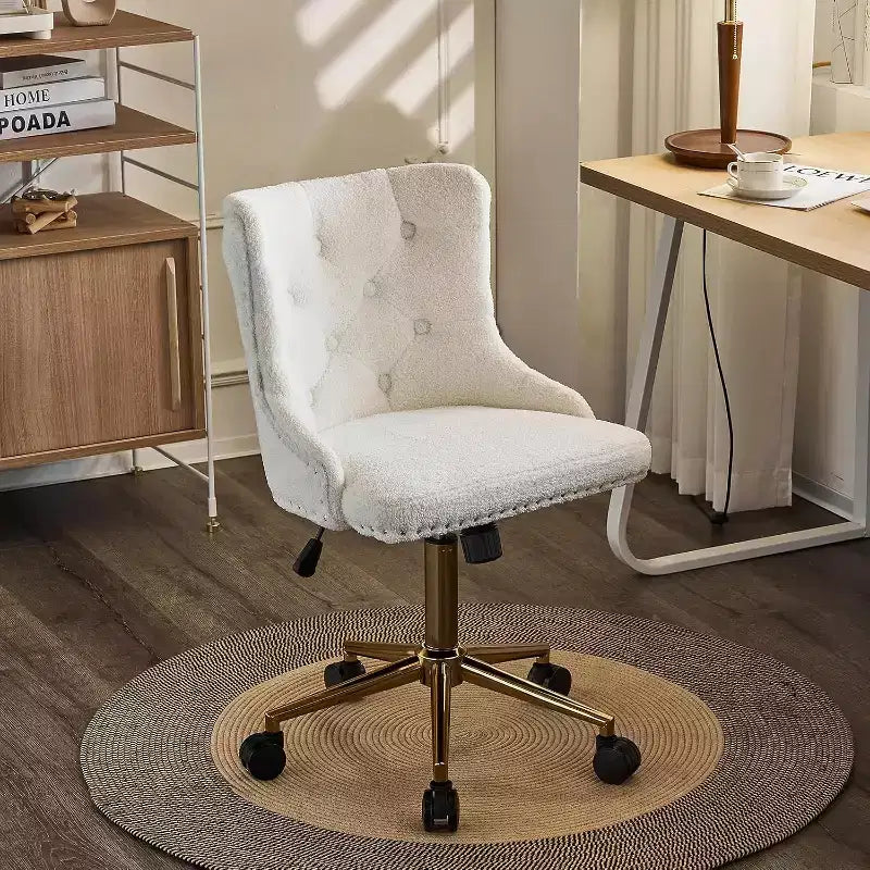 VINGLI White Teddy Fleece Armless Office Desk Chair with Gold Base/Wheels, Cute Vanity/Makeup Chair, Adjustable Swivel Nail Chair