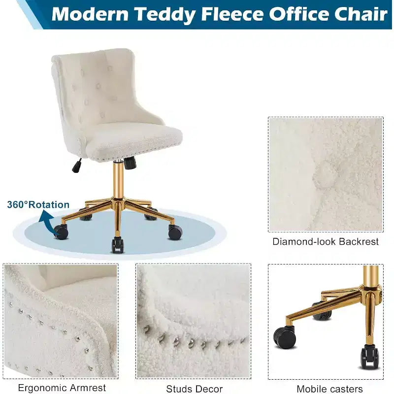 Sedia da scrivania girevole senza braccioli in pile Teddy bianca, base dorata, altezza regolabile