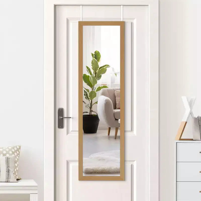 Americanflat Over The Door Mirror - Door Mirror for Bedroom, Bathroom, Dorm, Long Full Body Mirror with Hanger and Shatter-Resistant Glass - Oak
