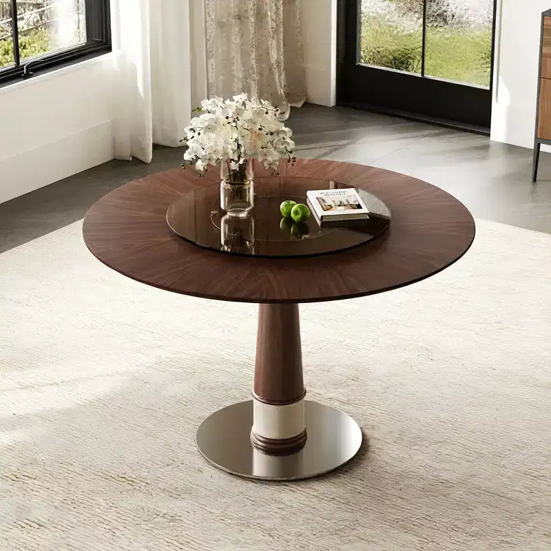 Tavolo da pranzo rotondo in legno massello da 47" con Lazy Susan in vetro e base in acciaio