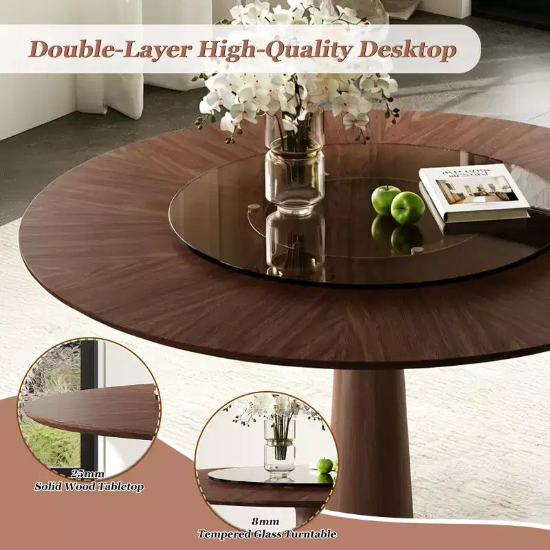 Tavolo da pranzo rotondo in legno massello da 47" con Lazy Susan in vetro e base in acciaio