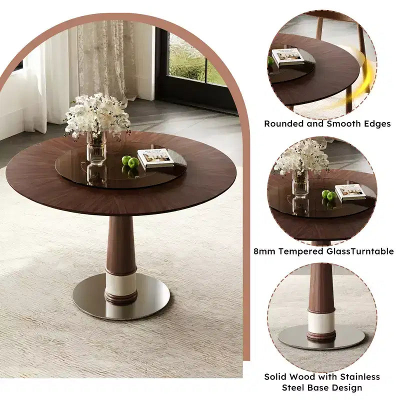 Tavolo da pranzo rotondo in legno massello da 47" con Lazy Susan in vetro e base in acciaio